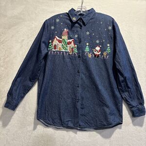 Karen Scott Denim Christmas Shirt Women's Medium Santa Claus Embroidered